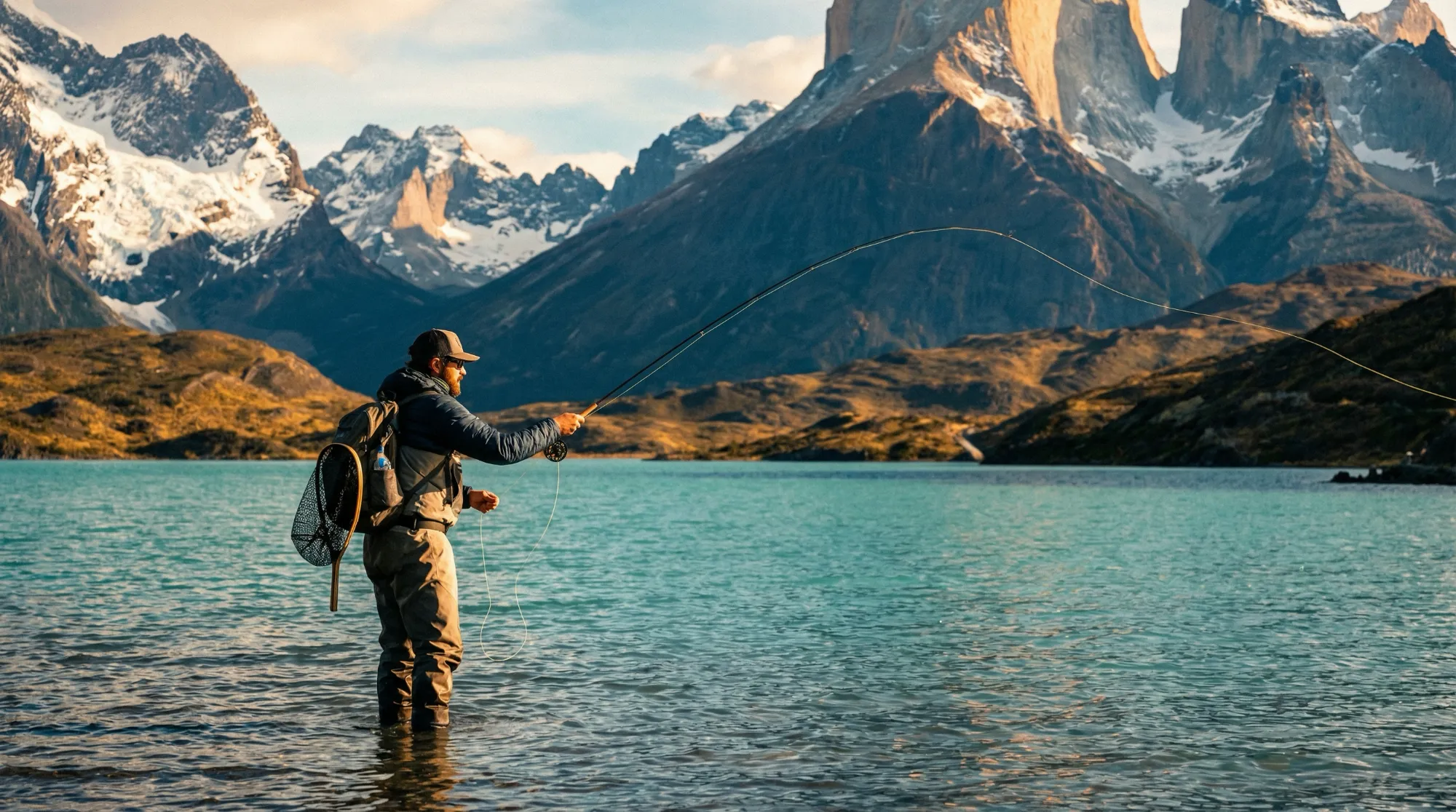 Angler fly fishing in turquoise river with mountains